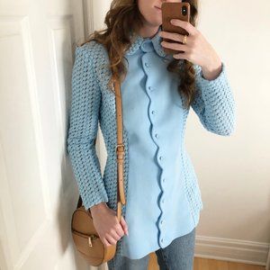 Stunning Vintage Union Made Light Blue Crochet Knit Scalloped Jacket Coat Dress